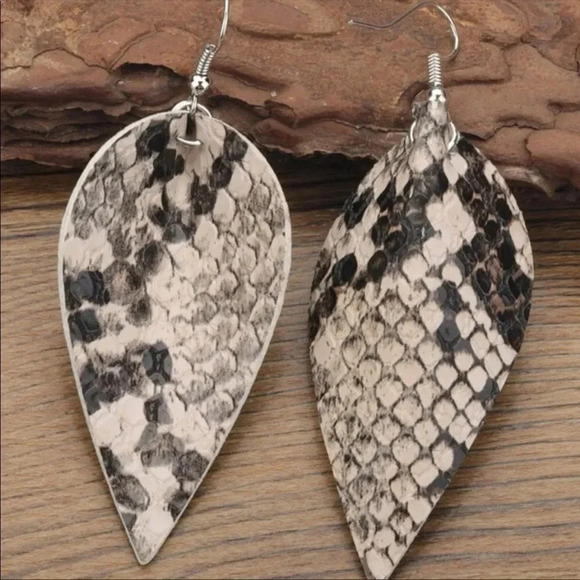 Snakeskin Leather Drop Earrings — Boho Statement Animal Print Jewelry - Picture 4 of 5